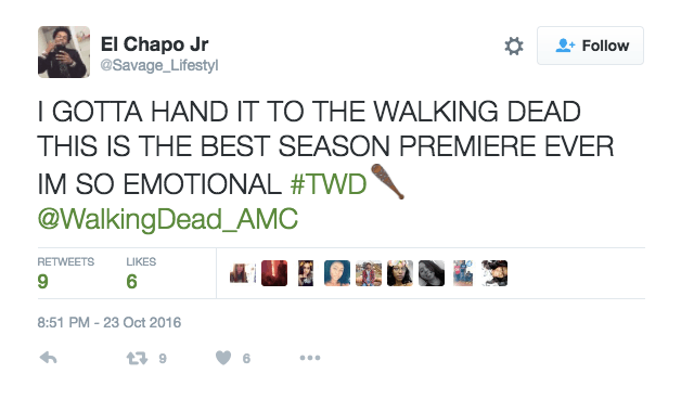 Twitter user Savage_Lifestyl said "I gotta hand it to the Walking Dead this is the best season premiere ever I'm so emotional" about hte Season 7 premiere
