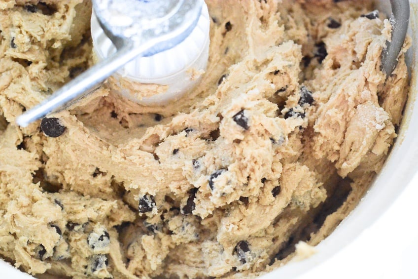 mixing bowl of chocolate chip cookie dough