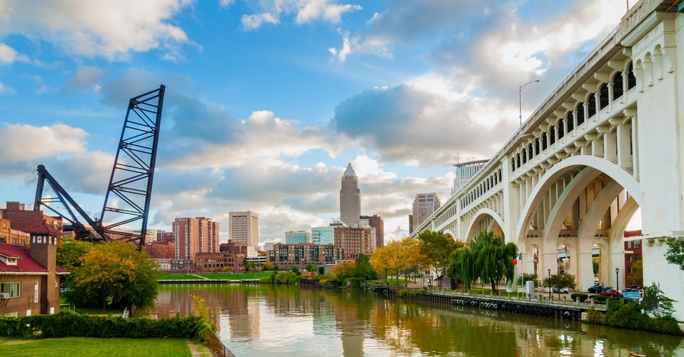 downtown Cleveland by the Veterans Memorial Bridge