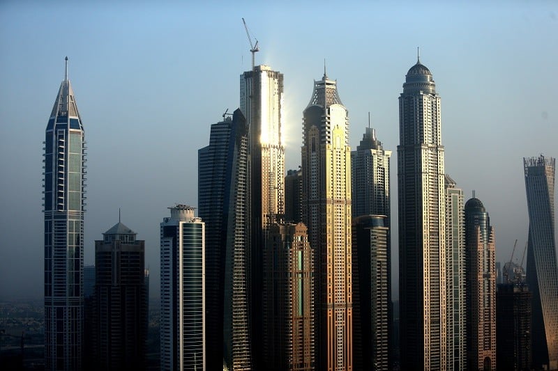 A aerial view of the buildings in Dubai