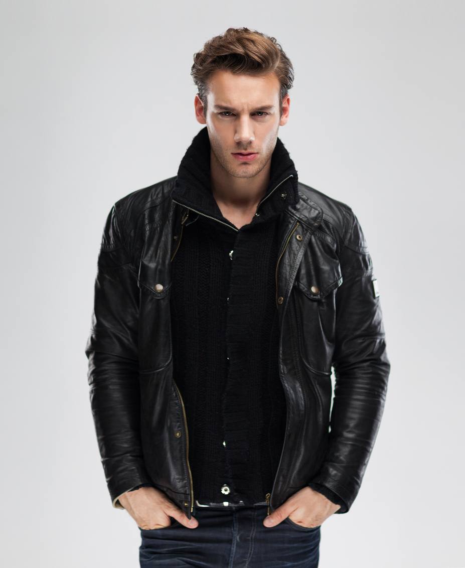 Handsome serious beauty male model portrait wear leather jacket