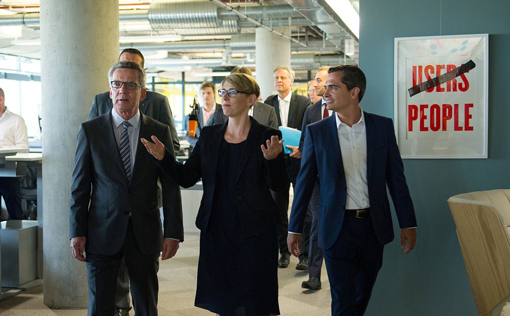 German Interior Minister Thomas de Maiziere, Eva- Maria Kirschsieper, Facebook head of public policy D-A-CH