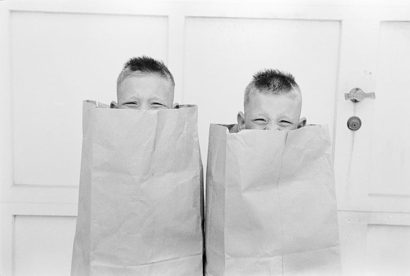 Identical twins Bobby and Jerry enjoy hiding in paper bags