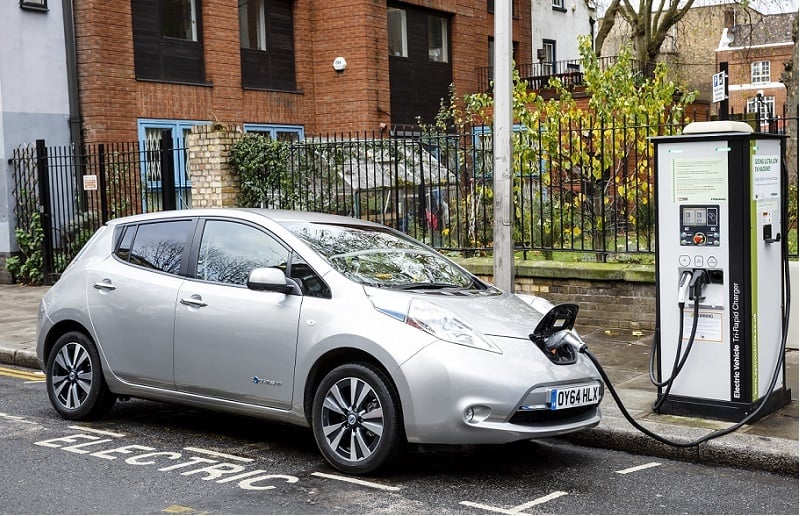 Go Ultra Low Nissan LEAF on charge on a London street.