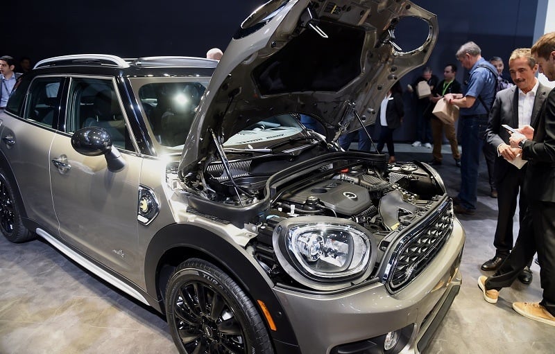 View of the plug-in hybrid 2017 Mini Cooper Countryman with the hood open