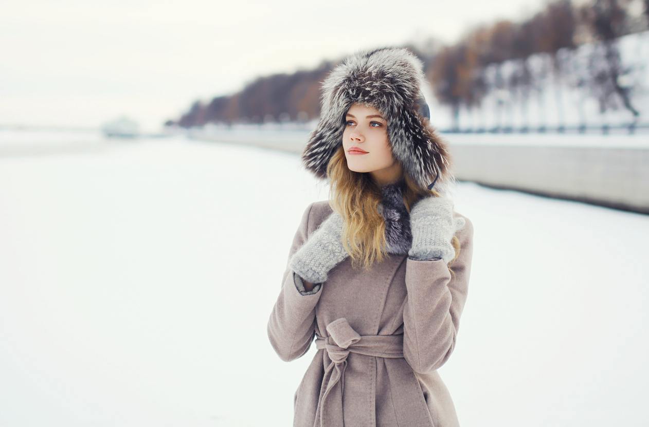 beautiful woman dressed a coat and fur hat