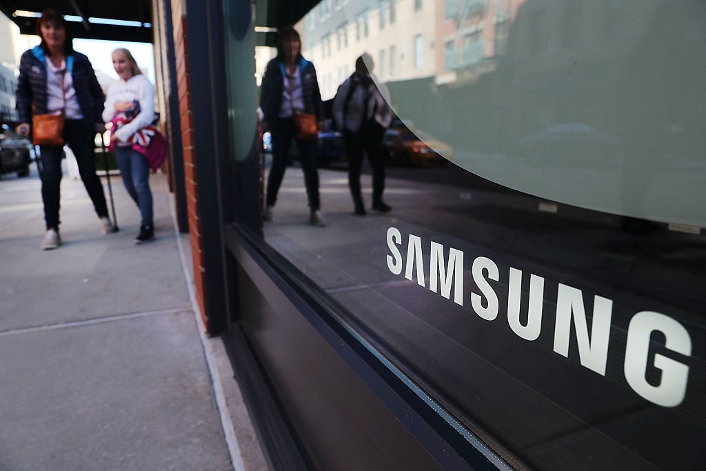 People walk by the new Samsung store in lower Manhattan