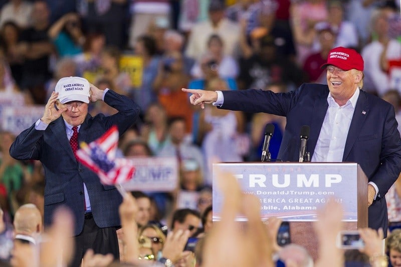 MOBILE, AL- AUGUST 21: U.S. Republican presidential candidate Donald Trump introduces Alabama Senator Jeff Sessions (R) Mobile during his rally at Ladd-Peebles Stadium on August 21, 2015 in Mobile, Alabama. The Donald Trump campaign moved tonight's rally to a larger stadium to accommodate demand. (Photo by Mark Wallheiser/Getty Images)