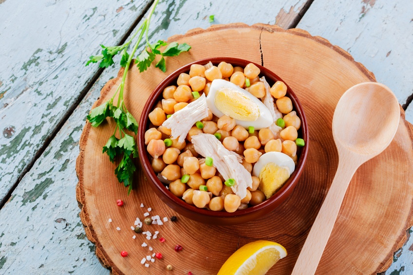serving of chickpea salad with chicken and egg serving of chickpea salad with chicken and egg