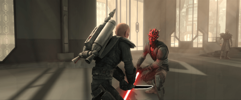 Maul fights Mandalorian Death Watch leader Pre Vizsla