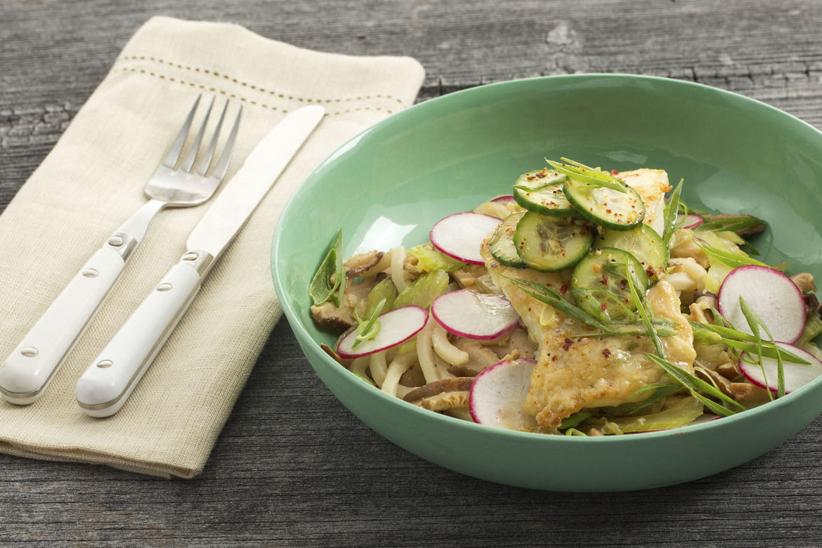 Seared cod and udon noodles