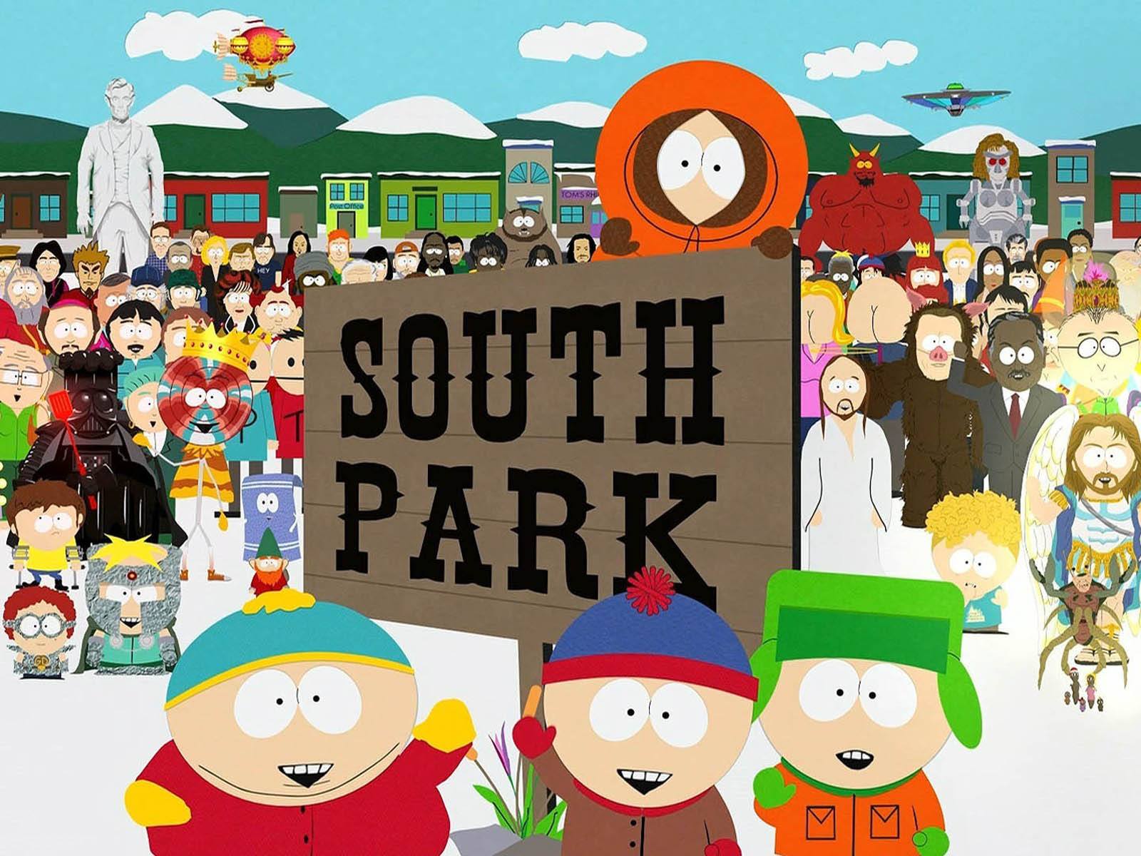 Cartoon characters in the snow surround a sign reading 'South Park'