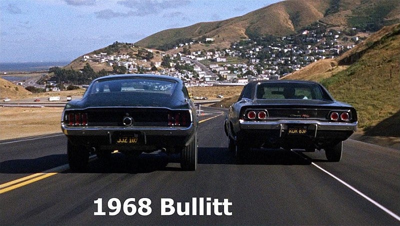 The chase scene from <em>Bullit</em> which featured the McQueen Bullit Mustang and a 1968 Dodge Charger 440 Magnum