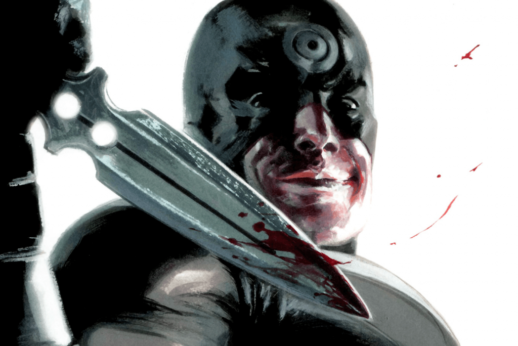 Bullseye holds up a bloody knife Bullseye holds up a bloody knife