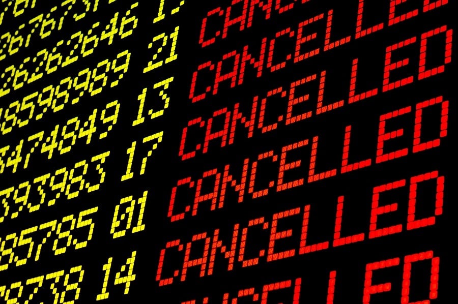 Cancelled flights on airport flight board