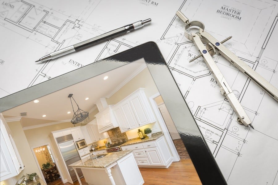 Computer tablet showing finished kitchen