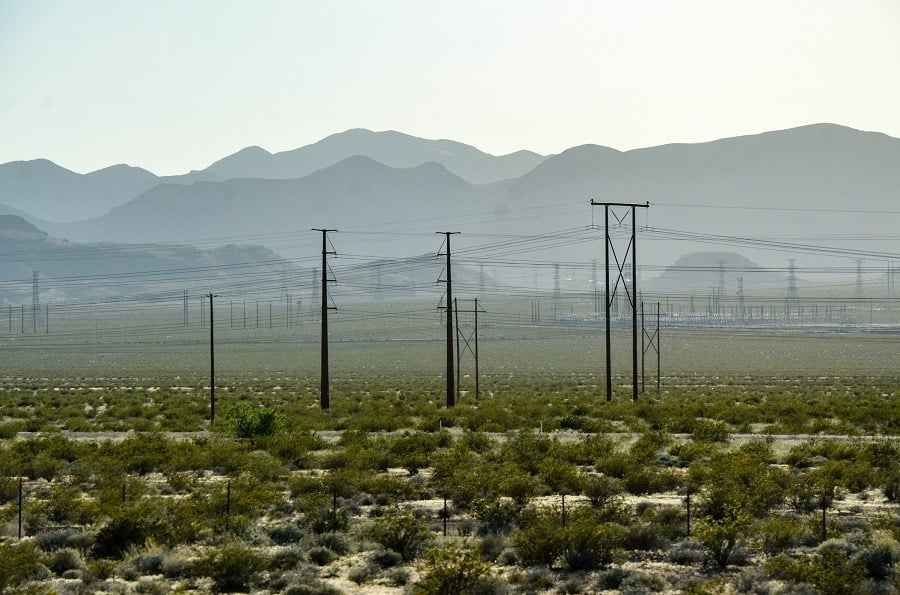 The electricity poles on green shrubs with mountain backdrop in desert area