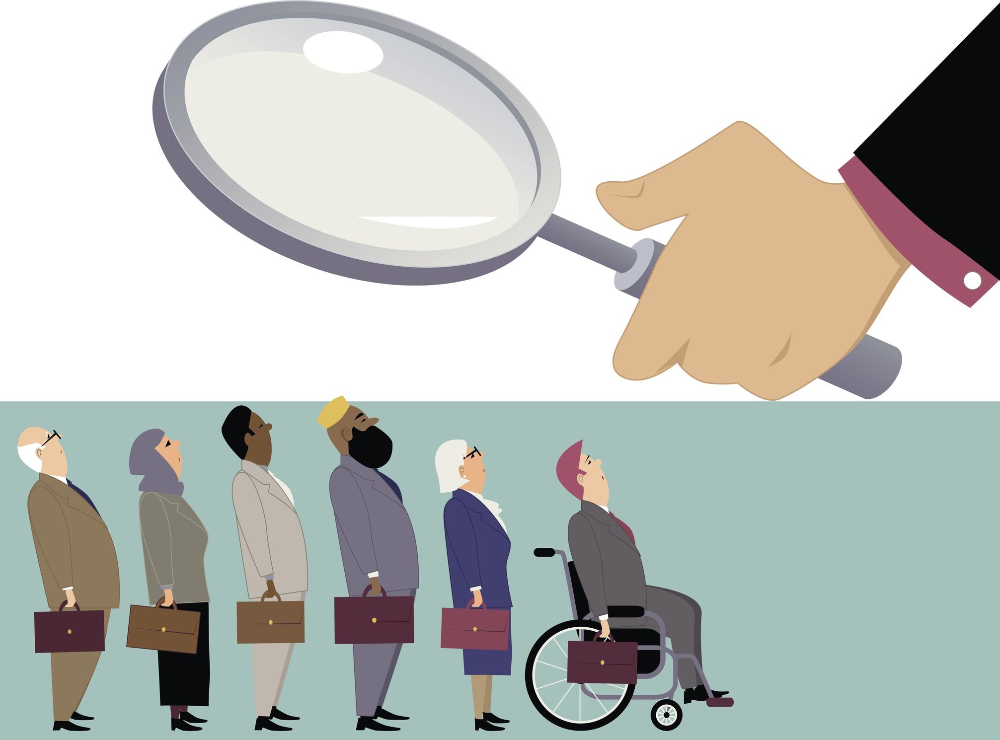Line of diverse candidates standing under a magnifying glass of a hiring manage
