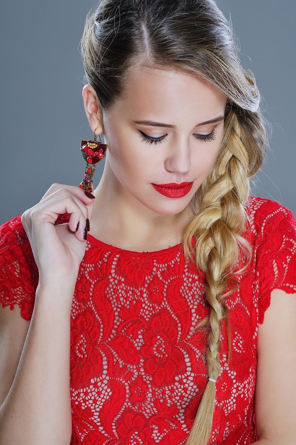 Fashion woman closeup portrait with red lipstick