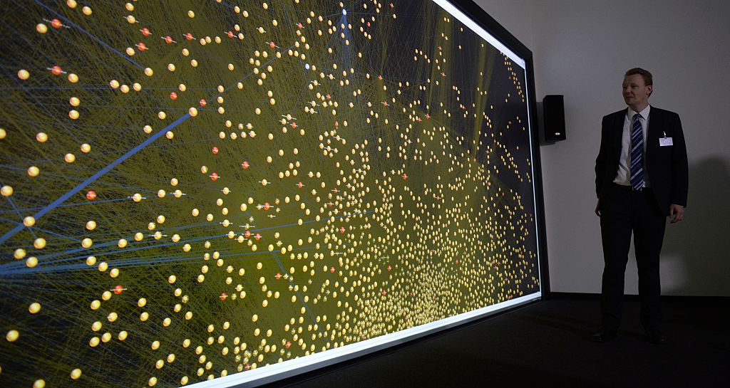 An information scientist presents a screen with 12 million pixels used for data mining