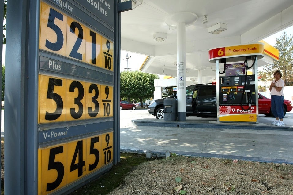 Gasoline prices over $5.00 per gallon are displayed at a Shell station