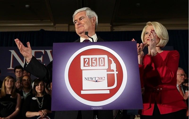 Former Speaker of the House Newt Gingrich speaks at an election night party with his third wife Callista.