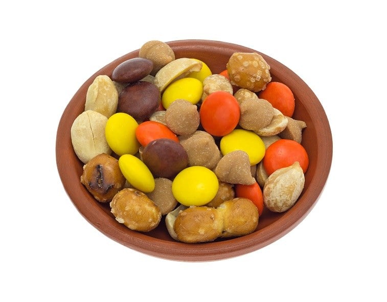 Peanut butter chips with peanuts, candy and pretzel pieces