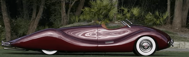 A maroon 1947 Norman Timbs Special parked on display