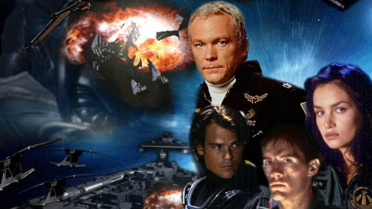 The cast of Space: Above and Beyond pose in space