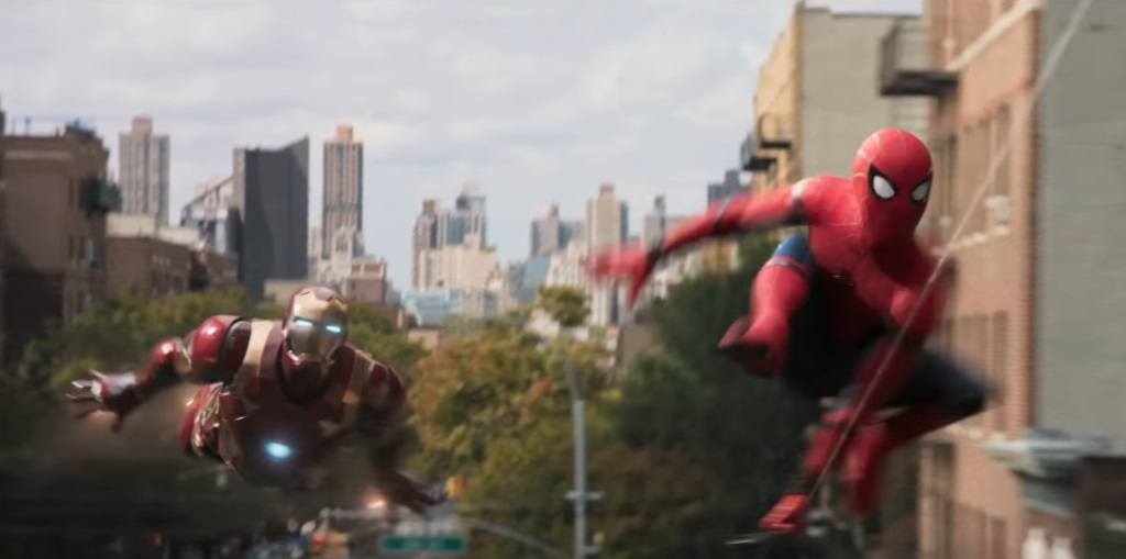 Iron Man (Robert Downey Jr.) and Spider-Man (Tom Holland) in Spider-Man: Homecoming