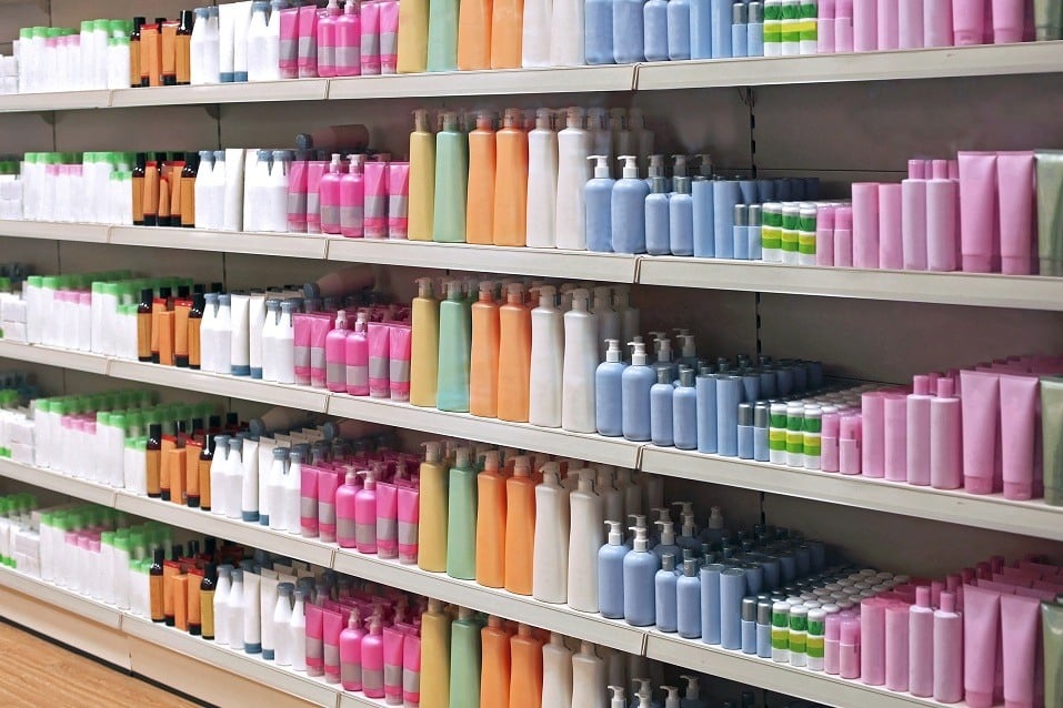 Toiletries on shelves