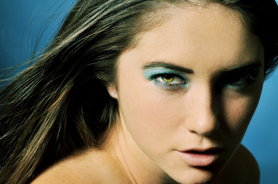 sexy woman with heavy blue eyeshadow