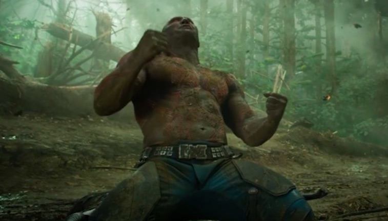 Drax on his knees looking at the sky in Guardians of the Galaxy Vol. 2