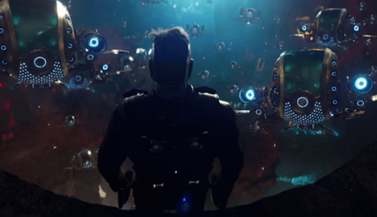 Looking out at several small ships in Guardians of the Galaxy Vol. 2 