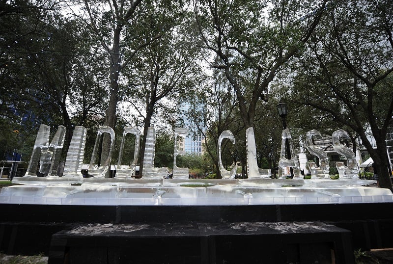 An ice sculpture reading "middle class" slowly melts away