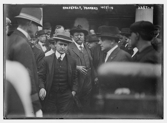 Black and white photograph of Theodore Roosevelt while campaigning.