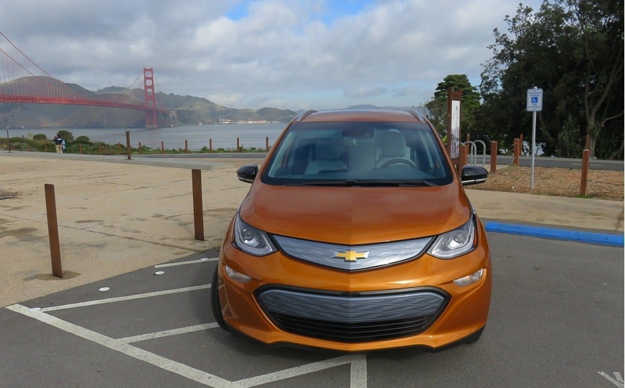 The 2017 Chevrolet Bolt EV sits parked in a lot overlooking the Golden Gate Bridge in San Francisco, California