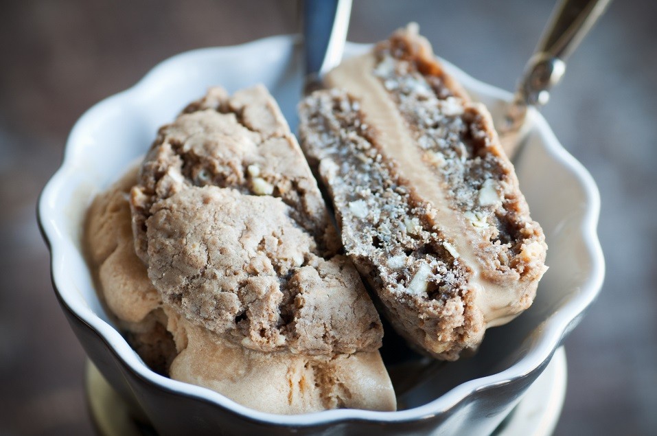 White chocolate chip cookie with coffee ice cream
