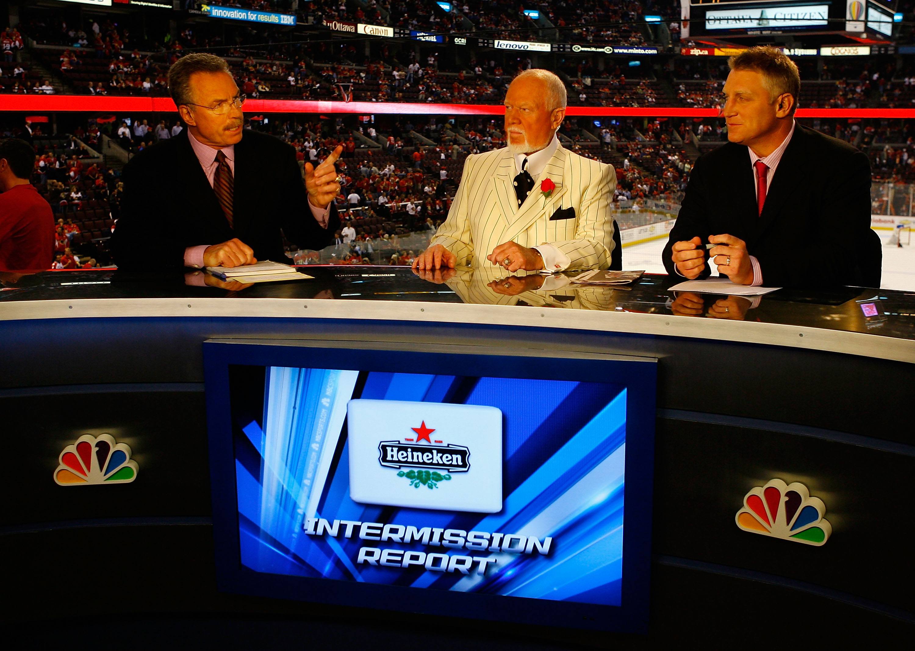 Broadcasters, (L-R) Bill Clement, Don Cherry and Brett Hull speak during the intermission show of an NHL game