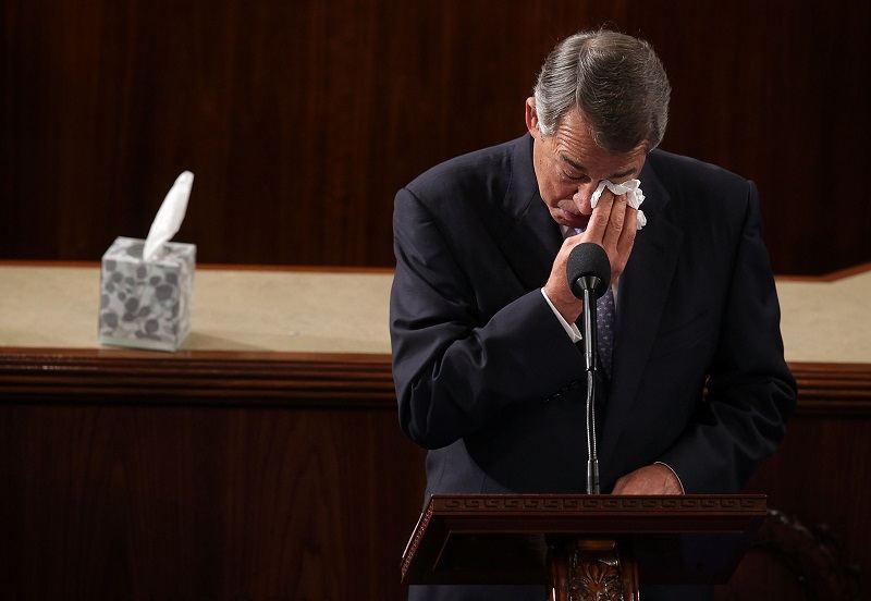 John Boehner, former Speaker of the House, crying at the podium -- one of several times he did so during his career