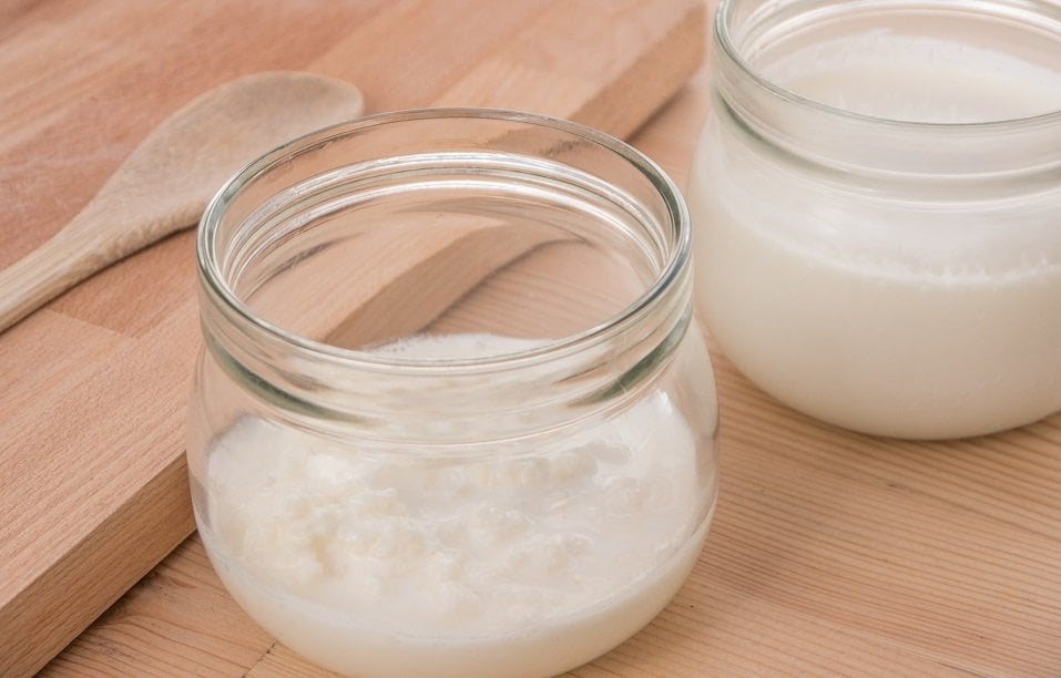 Detail of kefir milk and kefir grains in glass jars Detail of kefir milk and kefir grains in glass jars