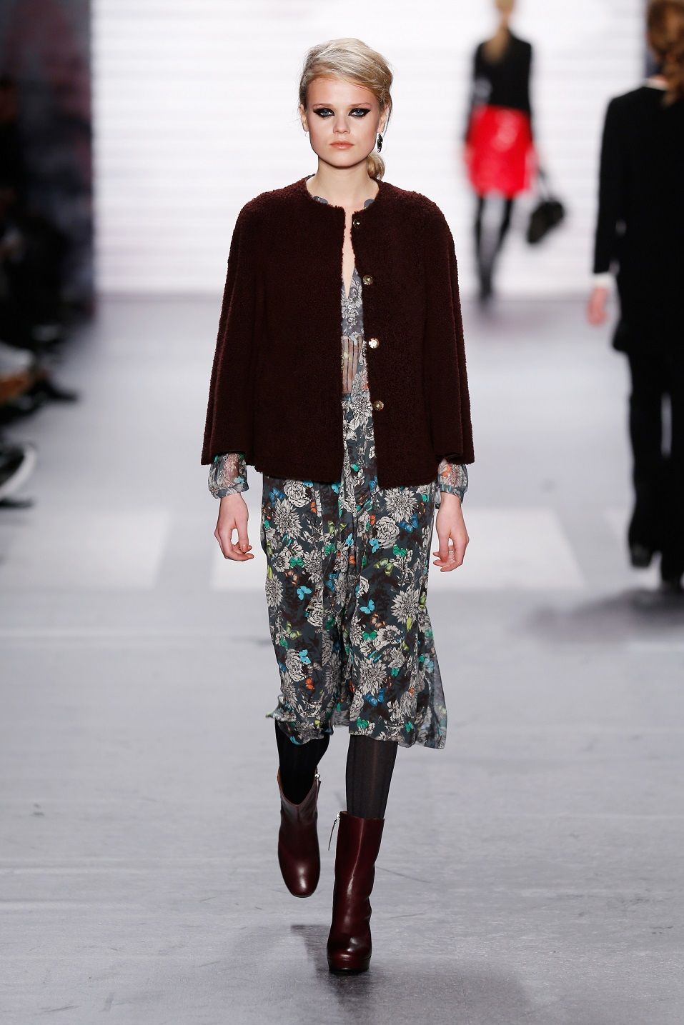 A model walks the runway at the Marc Cain show during the Mercedes-Benz Fashion Week