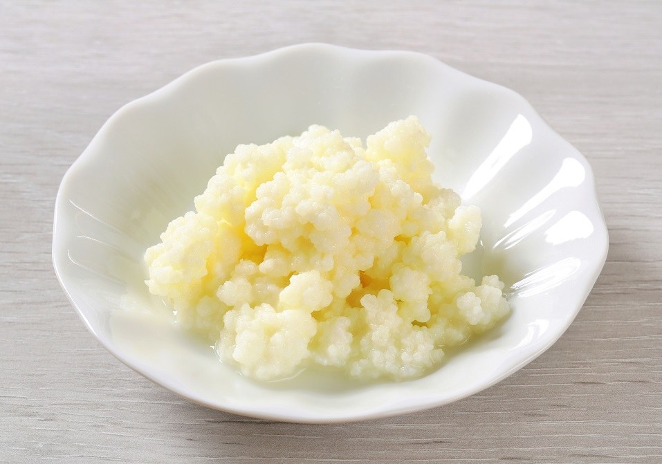 A bowlful of kefir grains sits on a table