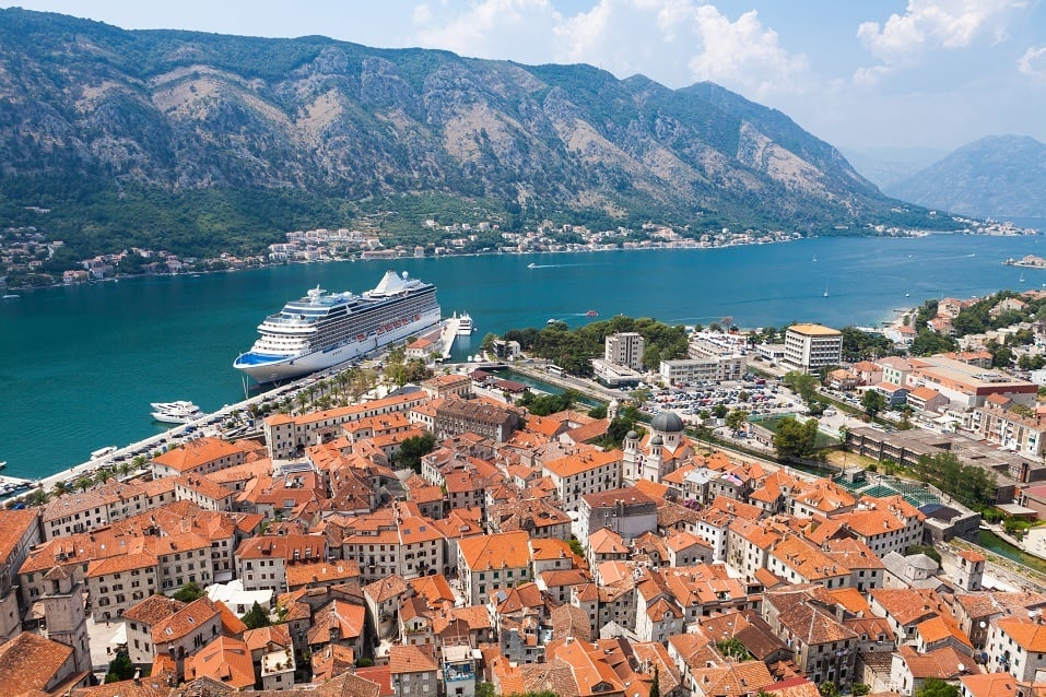 A cruise ship sails off the coast of Montenegro