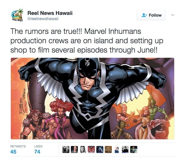Repors that the Inhumans is filming in Hawaii, per Twitter