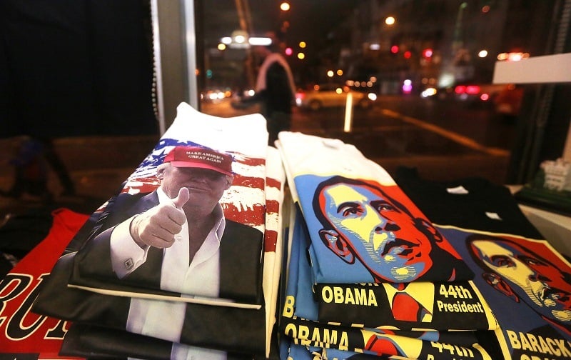 Competing Trump and Obama merch for sale in D.C., foreshadowing an executive order battle