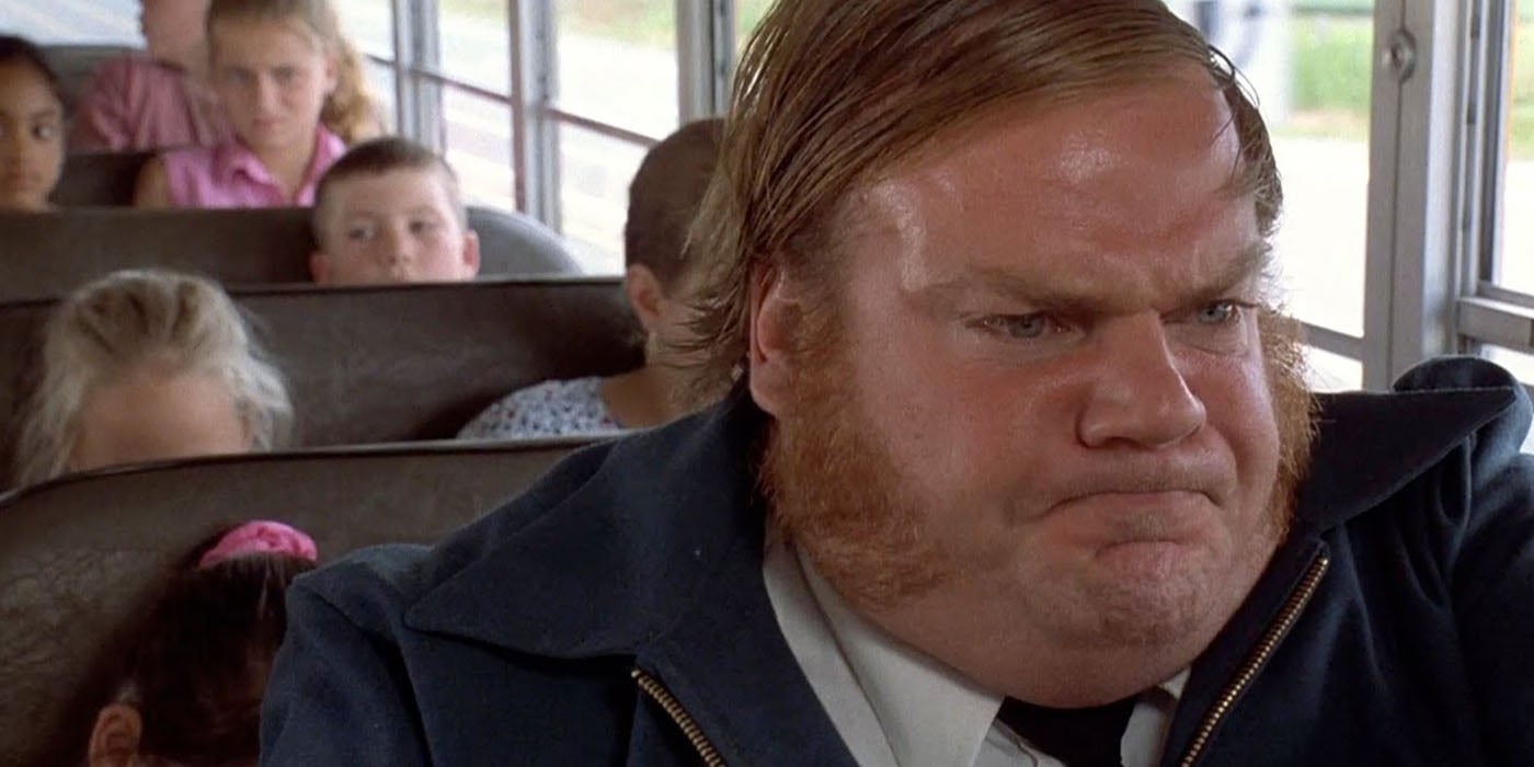 Chris Farley fighting stress as a bus driver in Billy Madison