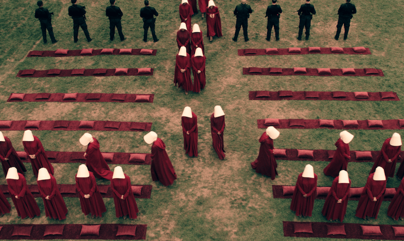 The handmaid's lining up in rows on the grass