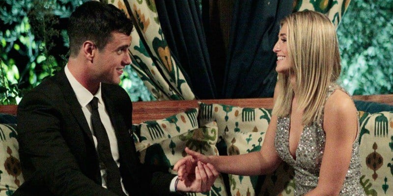Olivia Caridi and Ben Higgins talking on a couch. Olivia Caridi and Ben Higgins talking on a couch.