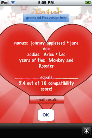 Results displayed on the iHeart Love Compatibility Match Calculator app